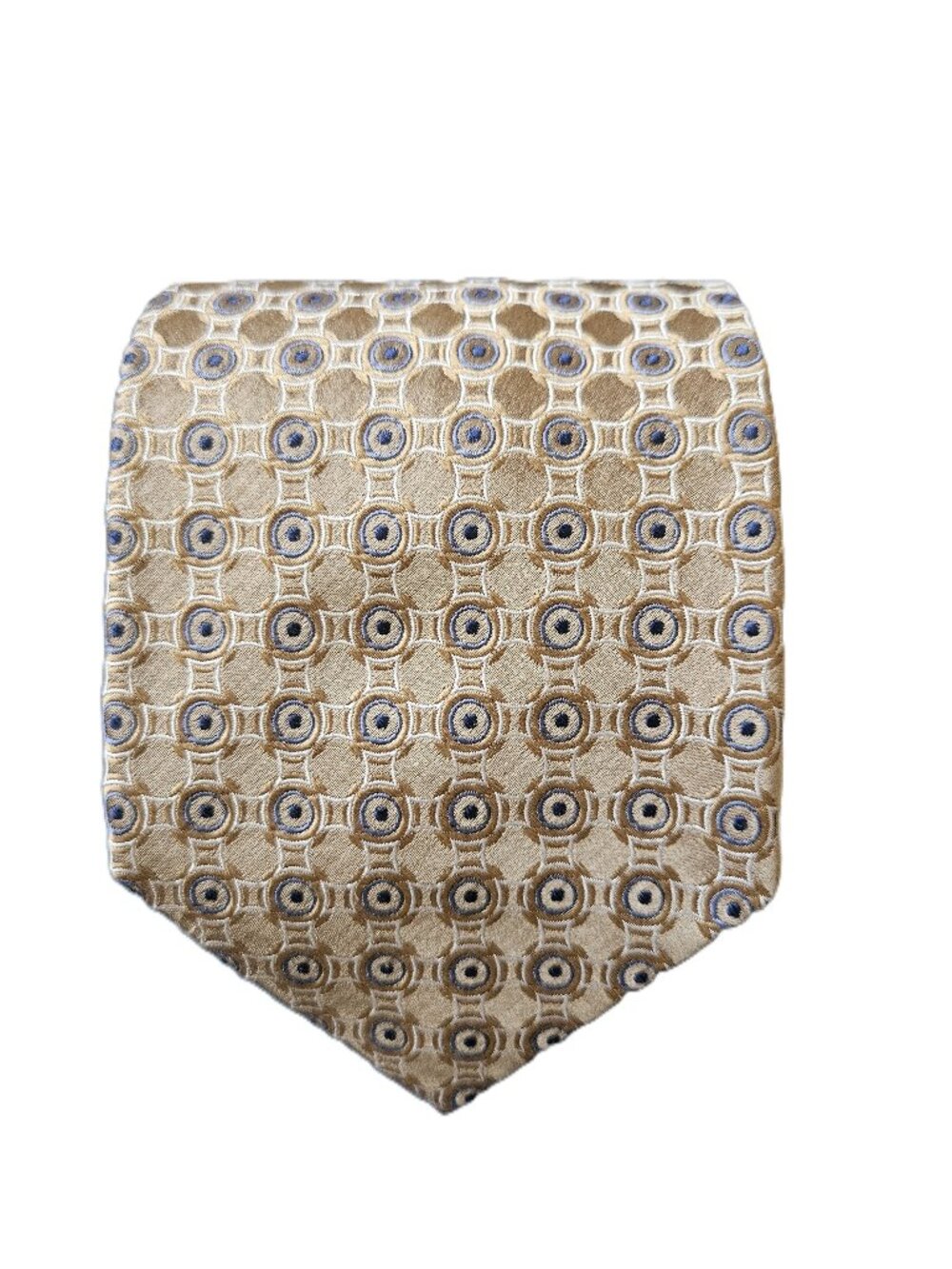 Jos A Bank Luxury Silk Gold Blue Geometric Circles Silk Necktie 59" x 3.75"